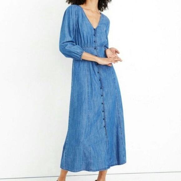 Madewell Denim Pieced Waist Midi Dress Mariden Wash Chambray Blue A Line Size 2 - Picture 1 of 16
